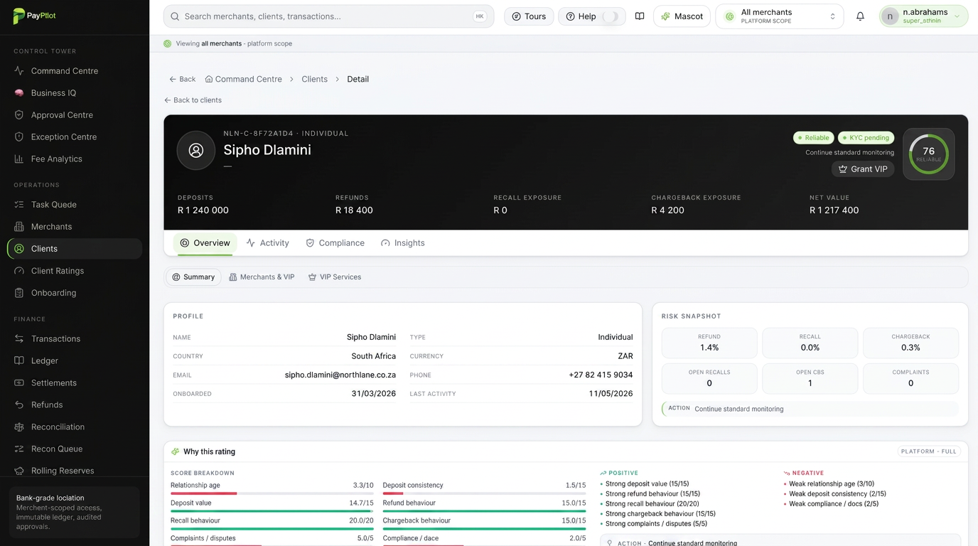 PayPilot Command — Client & merchant profiles